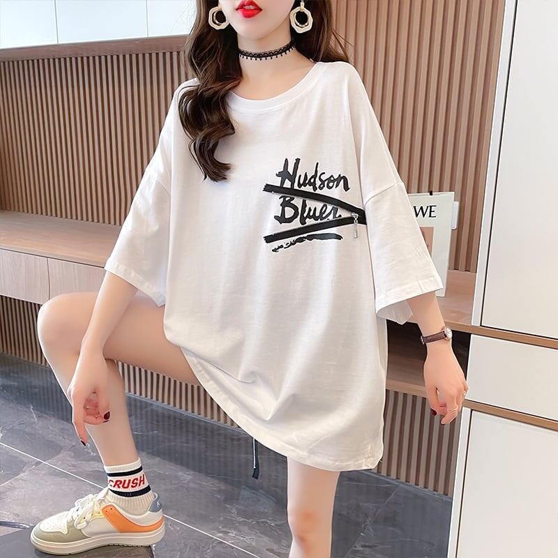 デザイン個性ゆったりミドル丈半袖Tシャツ<S-3036>