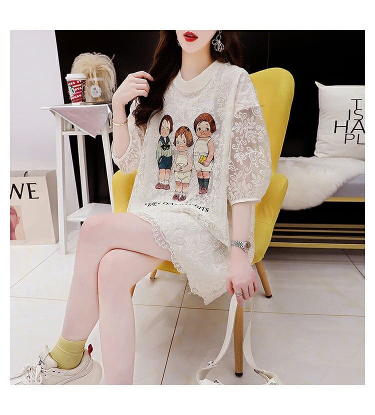 優しい雰囲気 透かし彫り レース ロング Tシャツ ベージュ 半袖 ＜S-2848＞