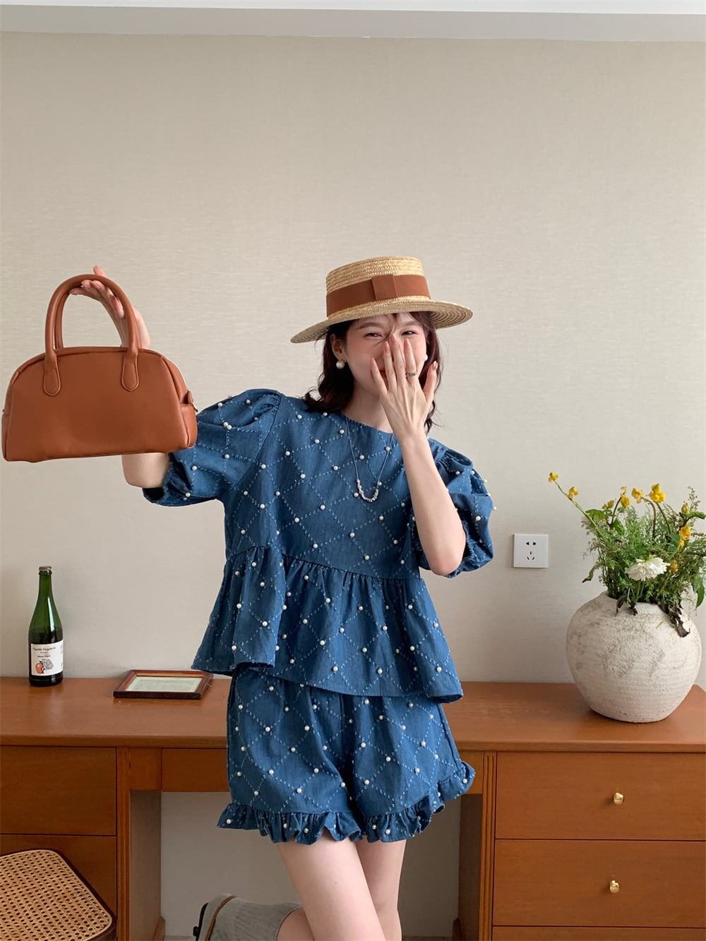 定番シンプル ファッション 個性派 デニム 半袖Ｔシャツⅹパンツセット<isf-11702>