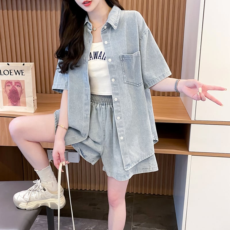 オーバーサイズ 半袖 デニム シャツ + ショートパンツ セットアップ <S-13150>