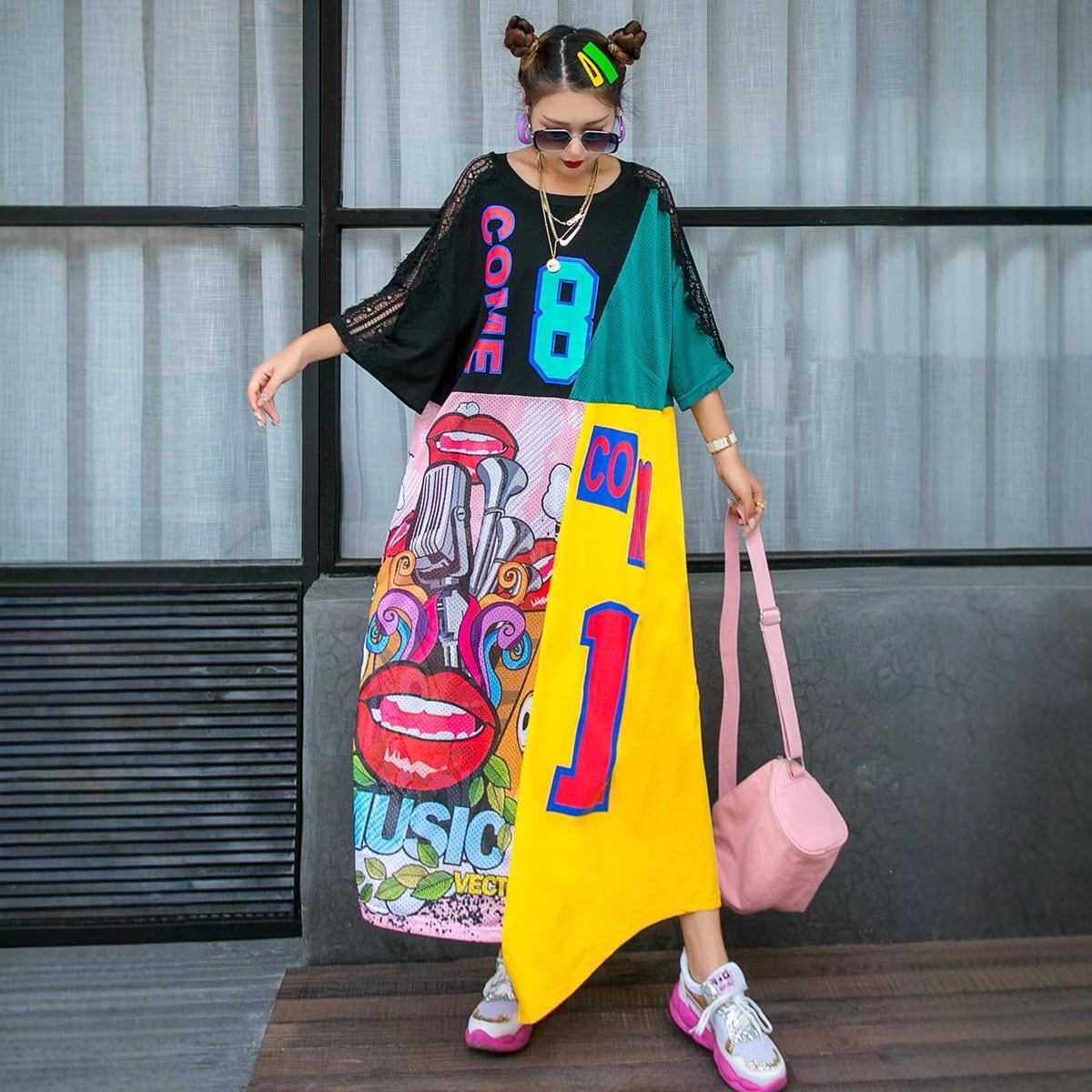 【人気商品再入荷】見逃し厳禁 イレギュラー カラーマッチング 切り替え プリント ロング ゆったり ワンピース＜S-4005＞