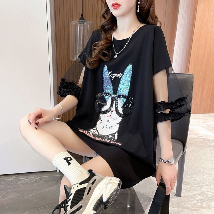 着回し力抜群 チュール 新作 切り替え ピンク プリント スパンコール プリント全3色 半袖Tシャツ カットソー ＜S-8557＞