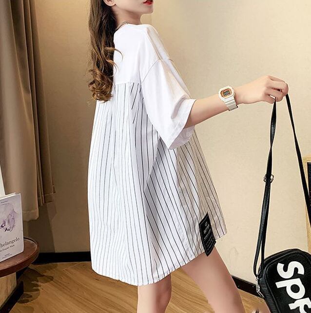 超人気 切り替え ストライプ柄 ラウンドネック プリント全2色 半袖Tシャツ<S-8741>