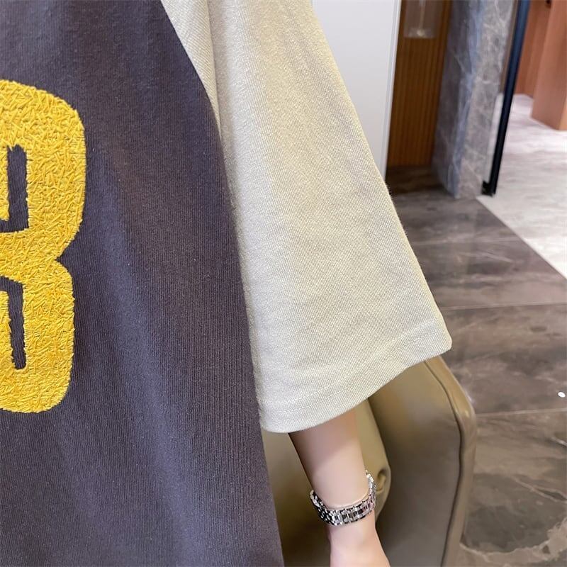 絶対欲しい カラーマッチング 数字刺 ロング Tシャツ ゆったり 半袖 ＜S-2896＞