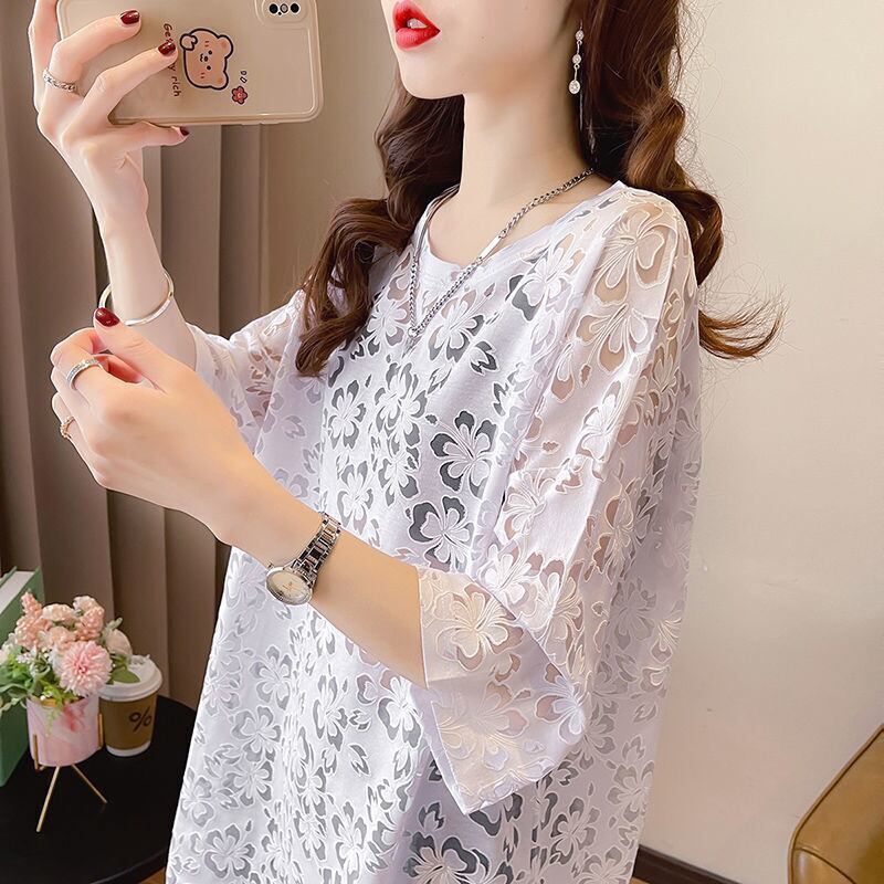 好感度UP ファッション カジュアル 透かし彫り 半袖Tシャツ<S-8458>