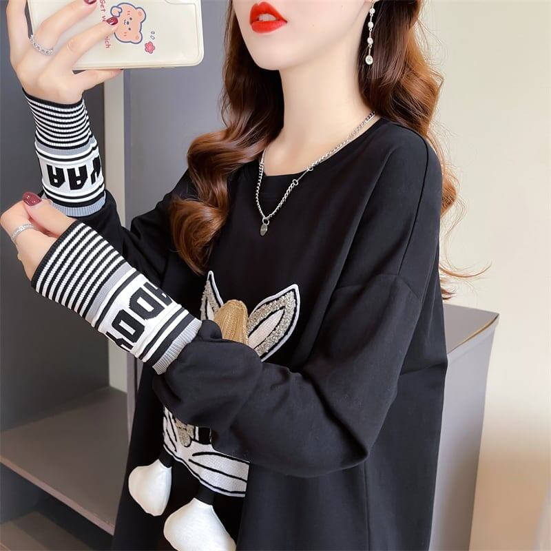 【秋の初めの割引！！】美人度アップ トップス ウサギちゃん 二色 長袖Tシャツ ＜S-4007＞