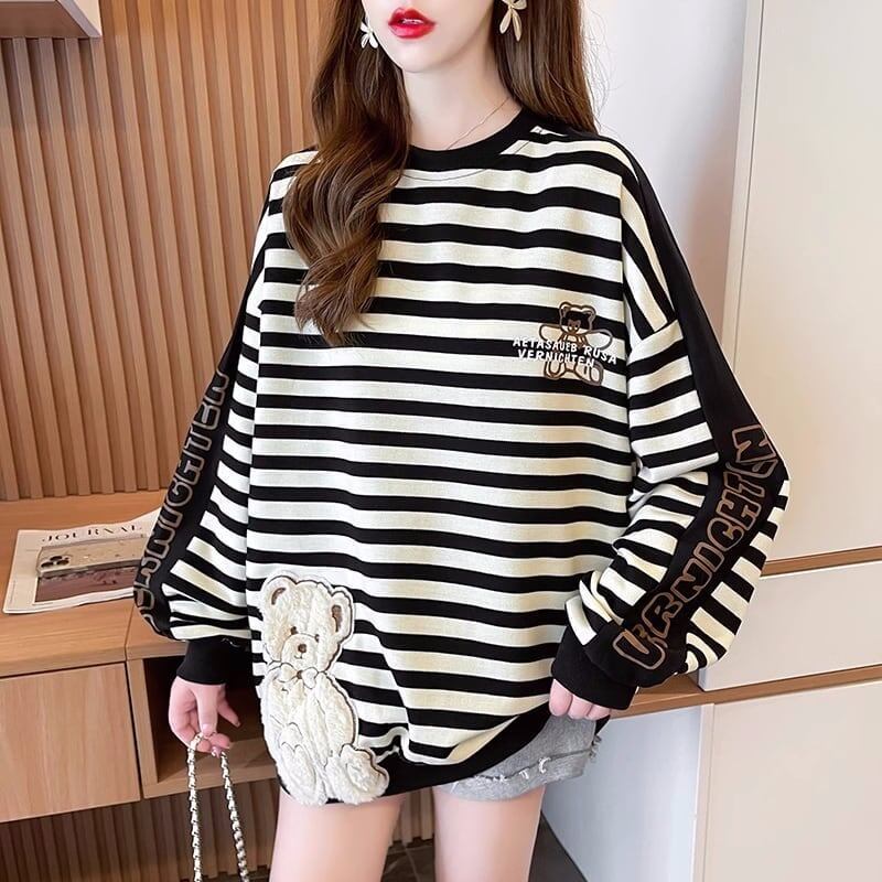 着心地良いボーダー柄ベア切り替えスウェットトップス＜S-4128＞