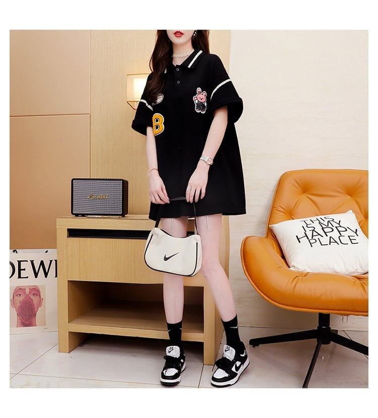 韓国系 ロング POLOネック Tシャツ 四色 ゆったり半袖 ＜S-2869＞
