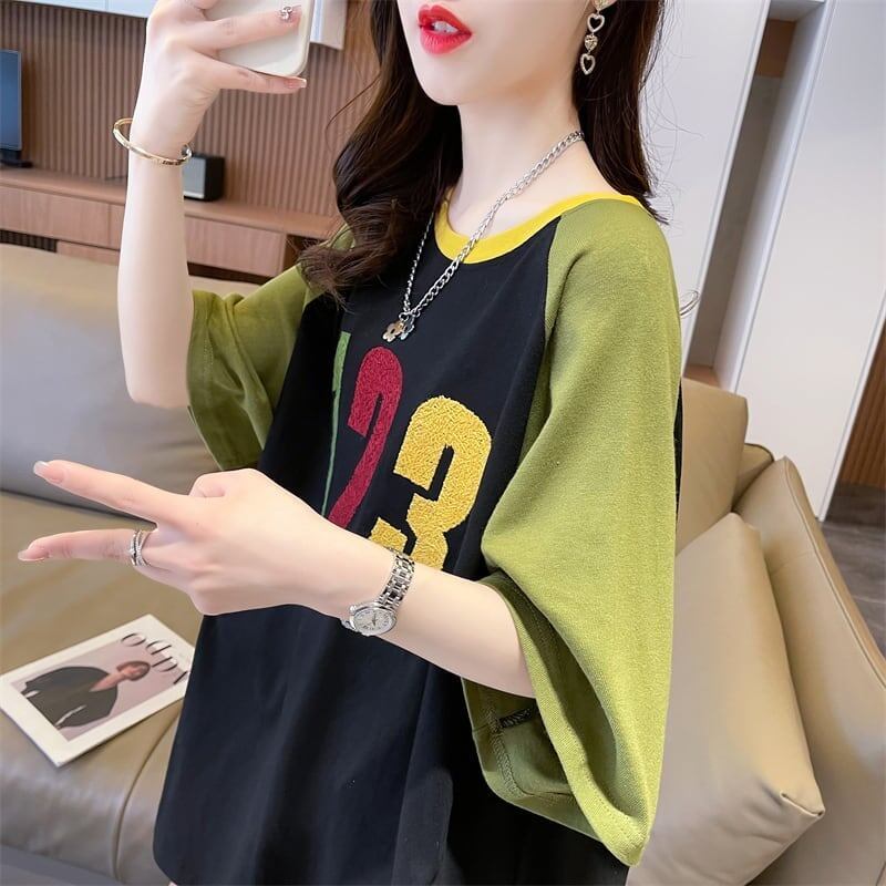 絶対欲しい カラーマッチング 数字刺 ロング Tシャツ ゆったり 半袖 ＜S-2896＞