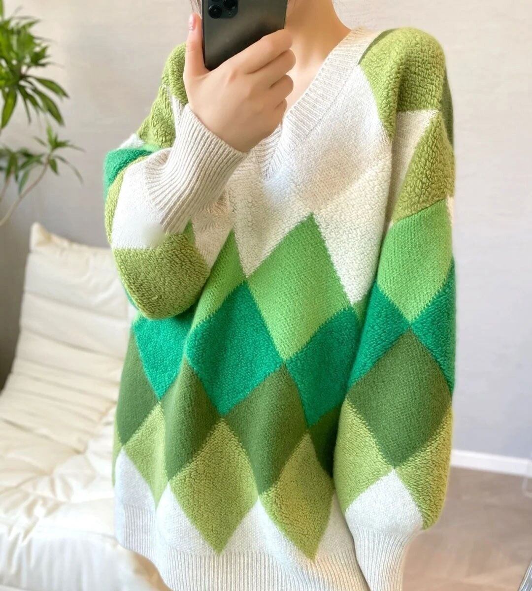超人気ダイヤ柄ニットセーター厚手ゆったり全2色＜S-4654＞
