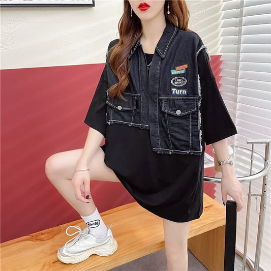 ウエスタンテイストのエイジレスなデザインセンスのデニム継ぎ半袖Tシャツ<S-2912>