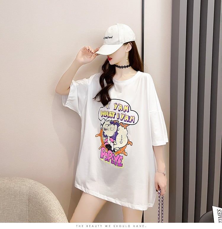 【半額！期間限定！！】グラフィック レース 透かし彫り ロング Tシャツ ゆったりワンピース ＜S-4021＞