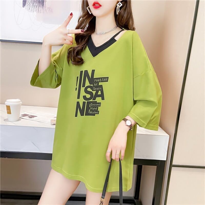 売れ筋 アルファベット Vネック フェイクレイヤード ゆったり 着?せ 半袖 Tシャツ ＜S-2005＞