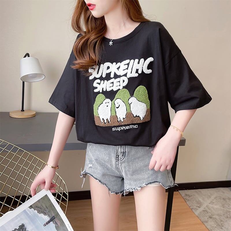 合わせやすい 切り替え チャーミング プリント Tシャツ カットソー＜S-3480＞