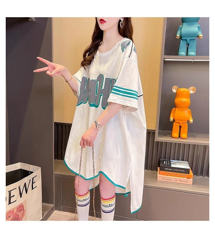 おしゃれ度アップ アルファベット フィッシュテール プリントTシャツ ゆったり半袖＜S-3012＞