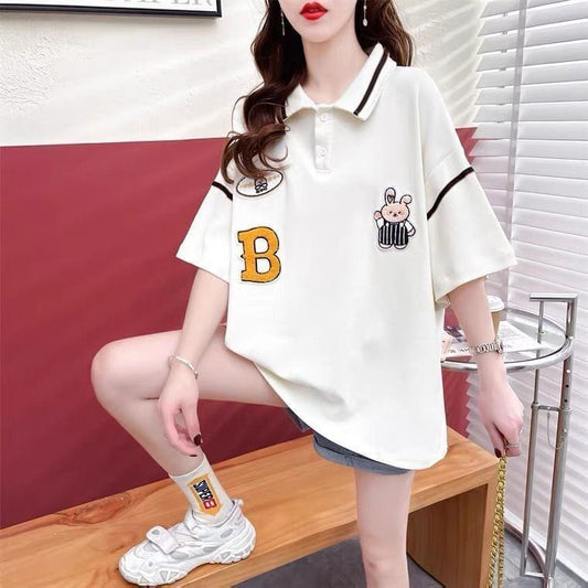 韓国系 ロング POLOネック Tシャツ 四色 ゆったり半袖 ＜S-2869＞