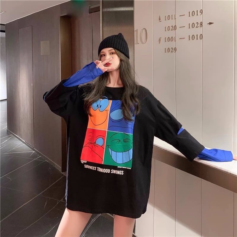見逃し禁止レイヤード  グラフィックプリント 二色長袖Tシャツ＜S-4065＞