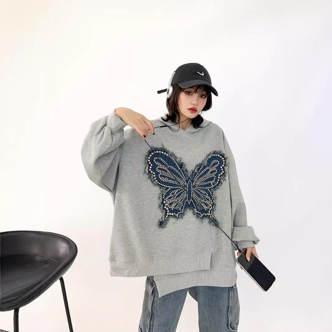 都市ファッショ デザイン オシャレ おしゃれ度高め 刺繍 ホットダイヤモンド カジュアル 3色選択 パーカー<S-9290>