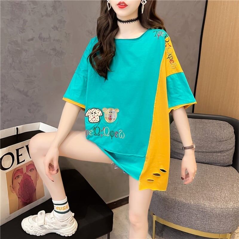 韓国風漫画刺繍ワッペン半袖Tシャツ<S-2991>