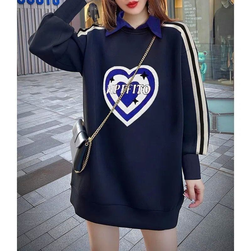 着せ ハートマークロゴ ポロネック ブラック ゆったりロング トップス＜S-4768＞