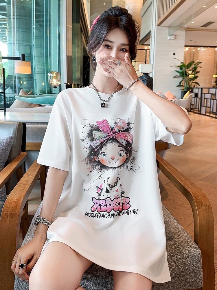 好感度UP ピンク カジュアル プリント スパンコール プリント ゆったり 半袖 Tシャツ＜S-8705＞