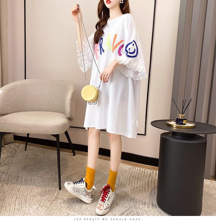 夏新作 アルファベット オーバーサイズ フリル プリントTシャツ 三色 ゆったり半袖＜S-3009＞