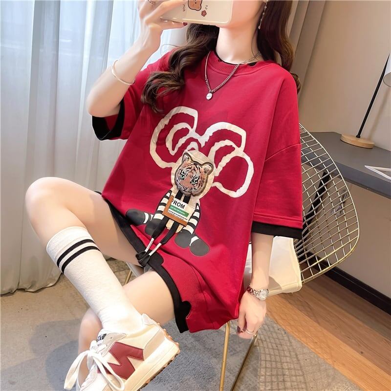 気質ルーズ漫画プリントミッドレングス半袖Tシャツ<S-3026>