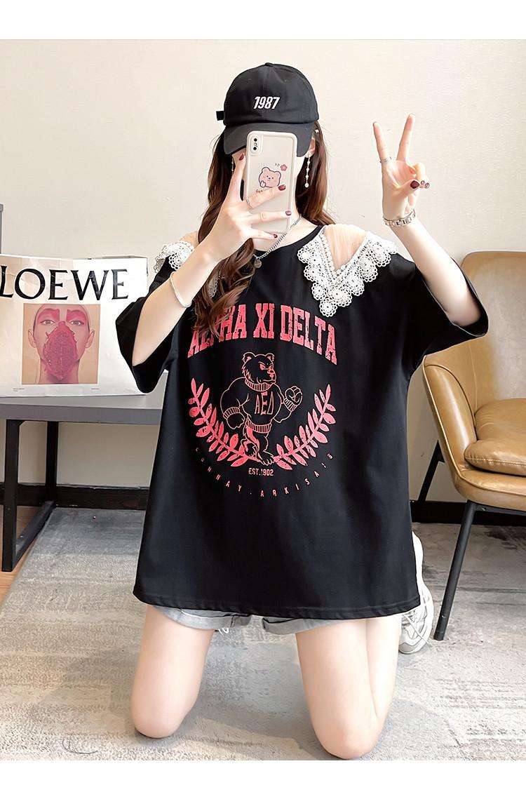 数量限定 ラウンドネック アバンギャルド レース 切り替え プリント全2色 半袖Tシャツ<S-8724>