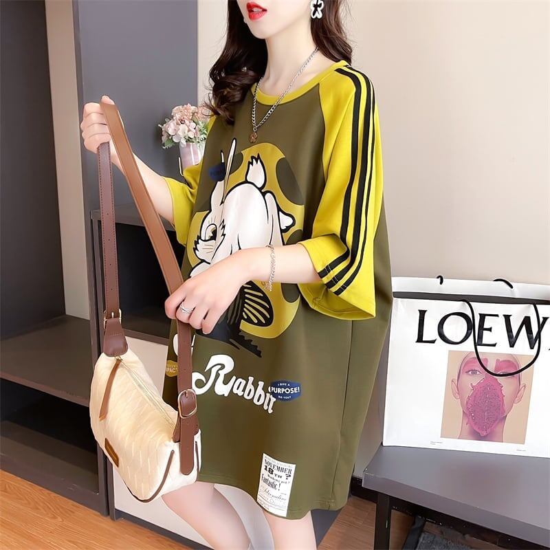 好感度UP グラフィック ストライプ柄 ラグランTシャツ ゆったり ワンピース＜S-3994＞