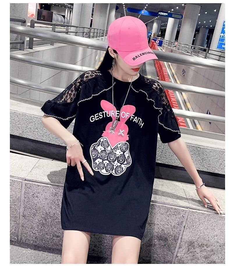 レースステッチアイスシルクニットルーズラビットプリント半袖Tシャツ<S-5038>