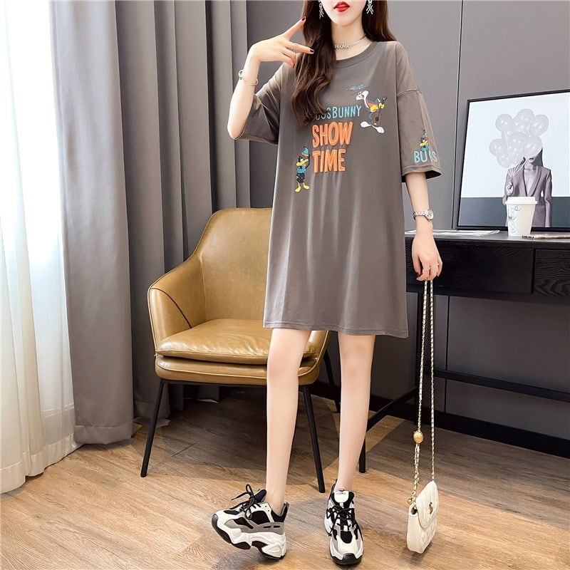 着?せ プリント アルファベット ロングTシャツ 四色 ゆったりワンピース ＜S-4018＞