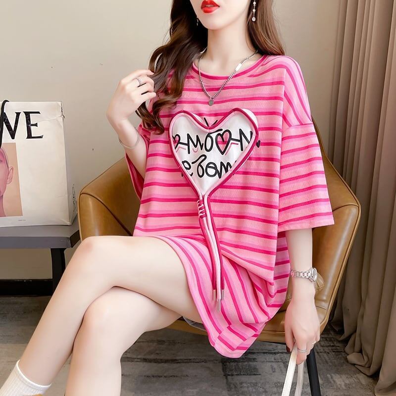 韓国風ピンクストライプゆったり立体装飾半袖Tシャツ<S-2985>
