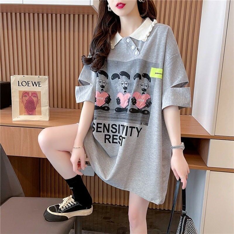 夏新作 アルファベットプリント POLOネック ロング Tシャツ ゆったりワンピース ＜S-3038＞
