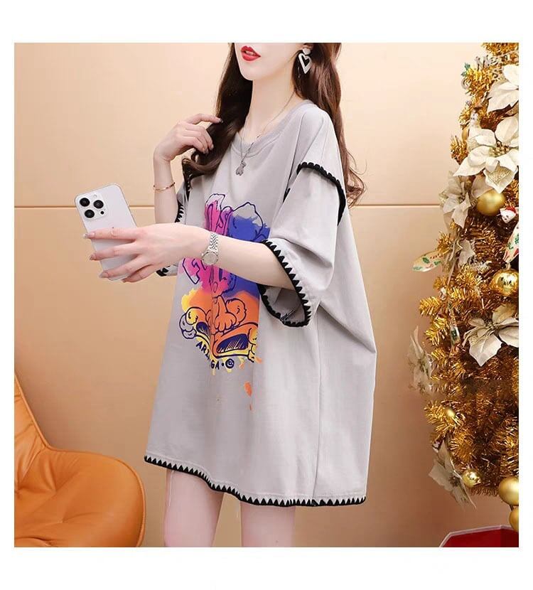 韓国系 ロング プリント Tシャツ 三色 ゆったり半袖 ＜S-2841＞