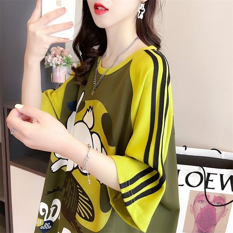 好感度UP グラフィック ストライプ柄 ラグランTシャツ ゆったり ワンピース＜S-3994＞