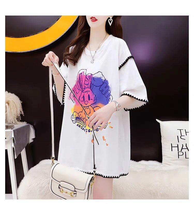 韓国系 ロング プリント Tシャツ 三色 ゆったり半袖 ＜S-2841＞