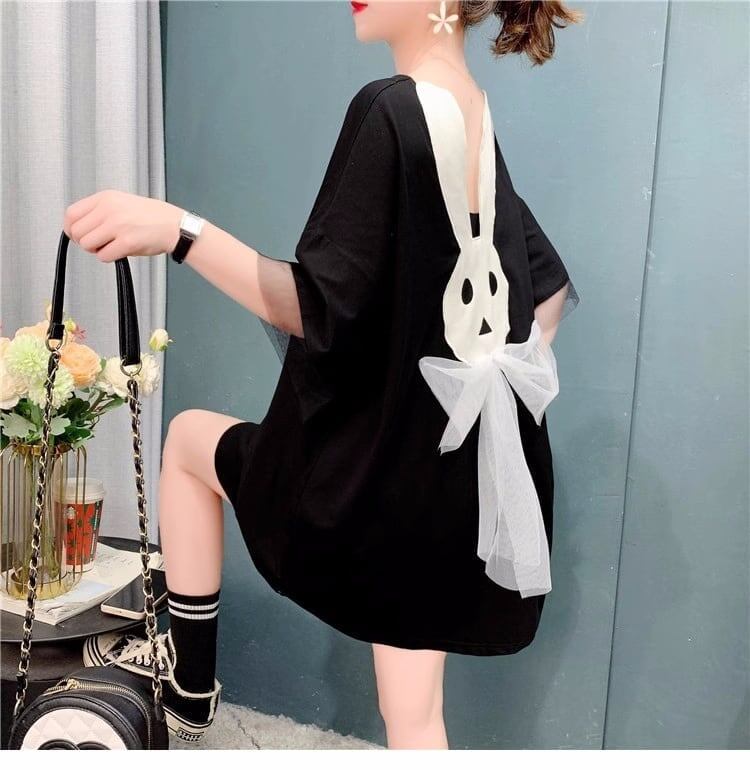 優しい雰囲気 立体のリボン バックオープン プリント ロングTシャツ ゆったり半袖＜S-2939＞