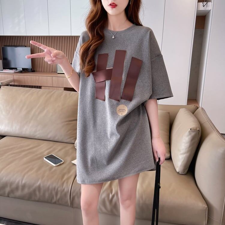 ファッション ロング プリントTシャツ 丸襟 半袖＜S-2807＞