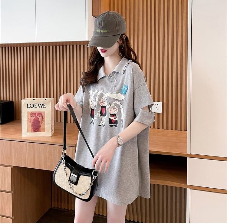 美人度アップ 折り襟 可愛いウサギちゃん プリントロング Tシャツ ゆったり半袖 ＜S-2956＞
