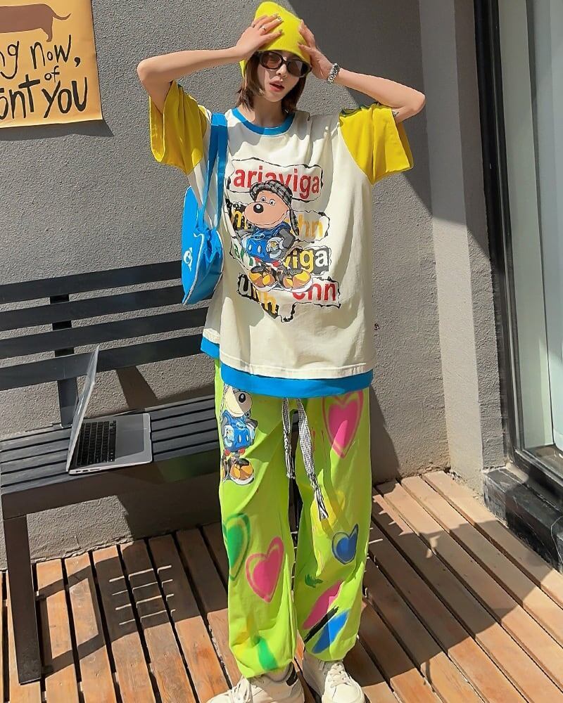 話題沸騰中 ゆったり カジュアル プリント カラーマッチング 半袖Tシャツ＜S-8067＞