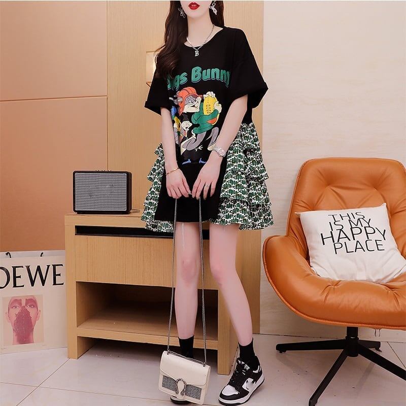 デザイン感 プリント チャーミング Tシャツ カットソー ワンピース＜S-3508＞