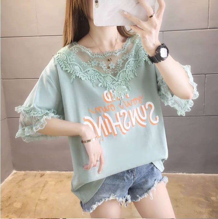 エレガントなレースステッチ半袖Tシャツ<S-3030>