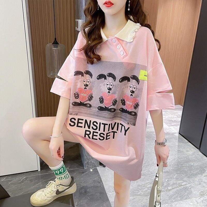 夏新作 アルファベットプリント POLOネック ロング Tシャツ ゆったりワンピース ＜S-3038＞
