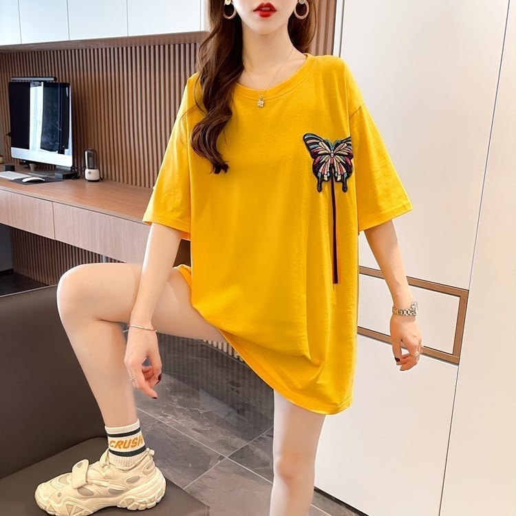 最新デザインセンス刺繍純綿ルーズ半袖Tシャツ<S-2949>