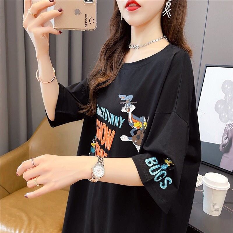 おすすめ アルファベット ラウンドネック プリントTシャツ ゆったり ワンピース＜S-3049＞