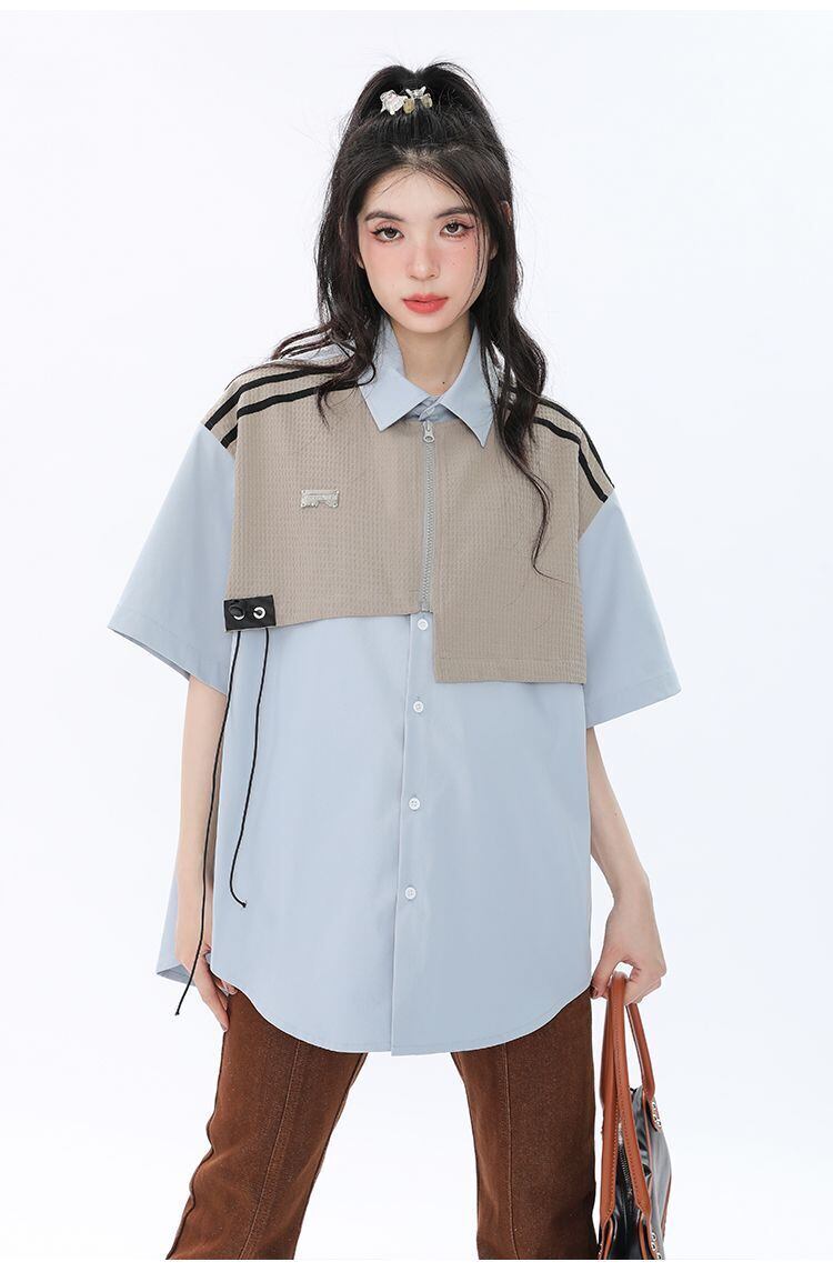 期間限定 ファッション 個性派 レイヤード風 切り替え プリント全3色 男女兼用 半袖Tシャツ<S-9044>