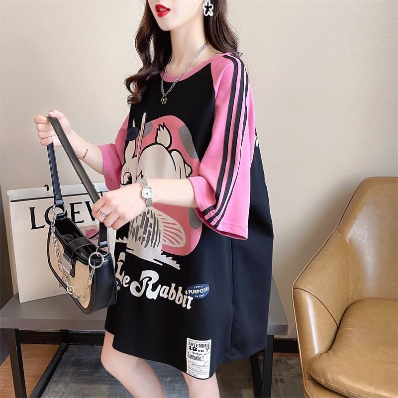 好感度UP グラフィック ストライプ柄 ラグランTシャツ ゆったり ワンピース＜S-3994＞