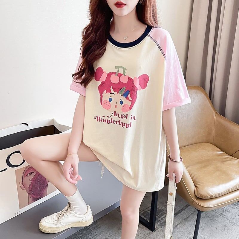 女子マスト ラグランTシャツ カラーマッチング ライトパープル アルファベットプリント半袖 ＜S-2974＞