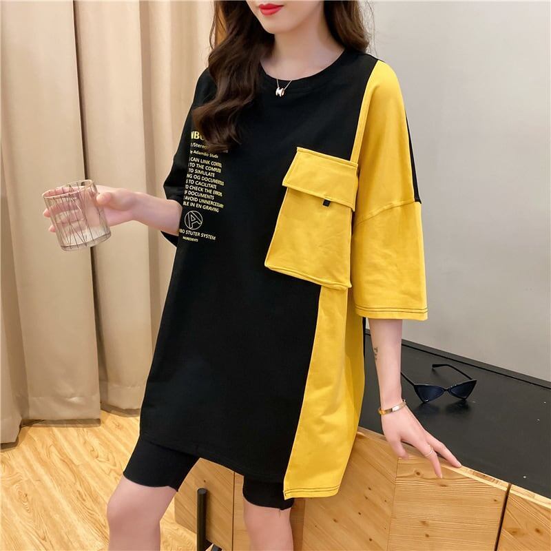 韓国系配色切り替えロングゆったり三色半袖Tシャツ＜S-1625＞