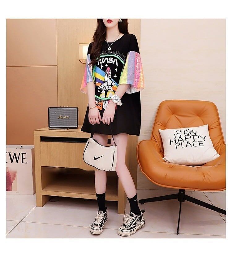 大好評 プリントTシャツ スパンコール切り替え ゆったり半袖＜S-2890＞